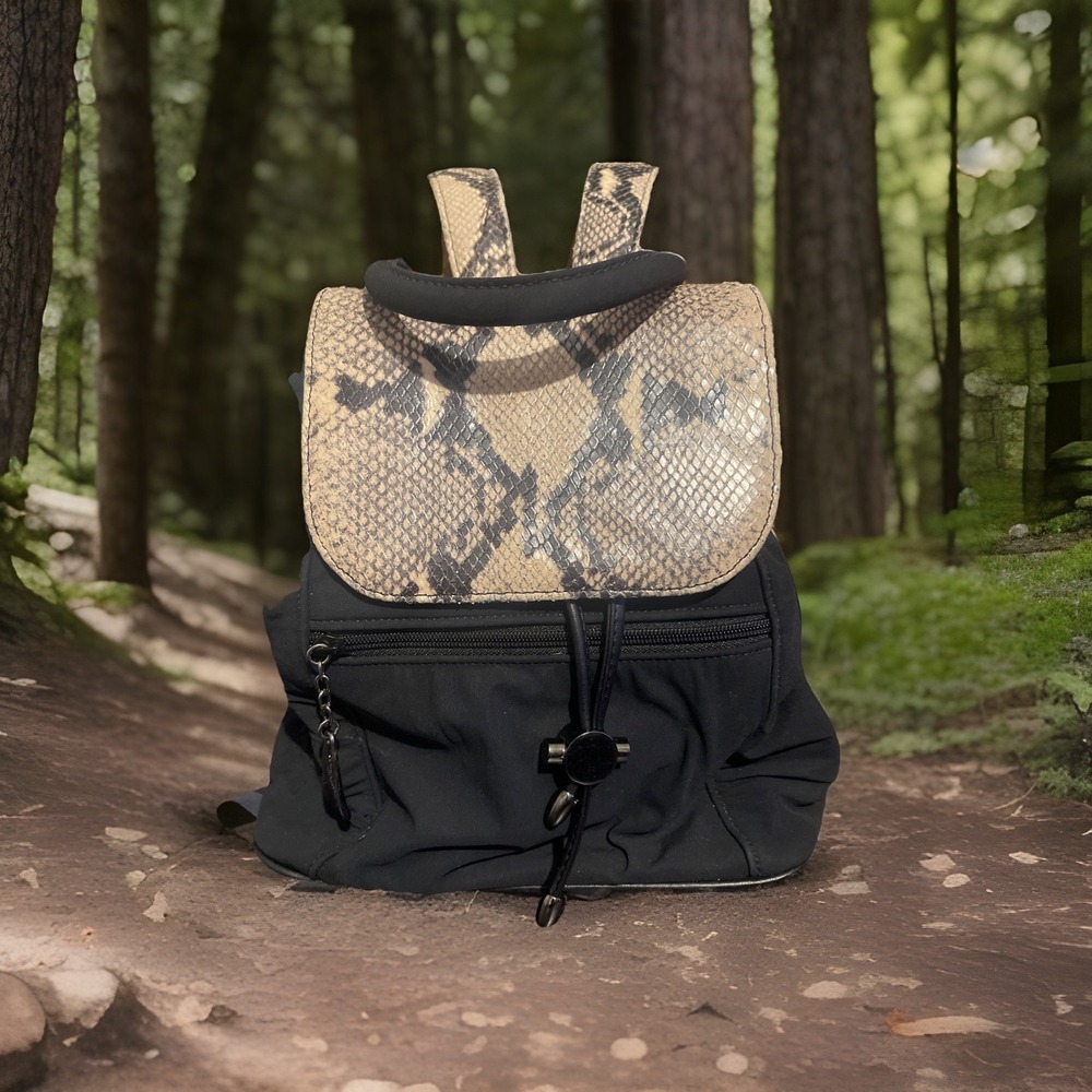 Donald J Pliner Snakeskin Print Flap Black Backpack Bag Adjustable Straps‎